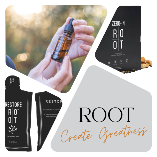 Zu sehen ist eine Collage aus ROOT Cleanslate, ROOT Restore und ROOT Zero In um dem Kunden einen Einblick in die Vielfältigkeit der ROOT Produkte zu bieten, zudem ist der Leitsatz von ROOT zu sehen, Create Greatness