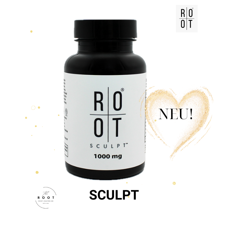 Schwarze Dose von ROOT Sculpt auf weißem Hintergrund, Nahrungsergänzungsmittel für Gewichtsverlust und Appetitkontrolle, 60 Kapseln